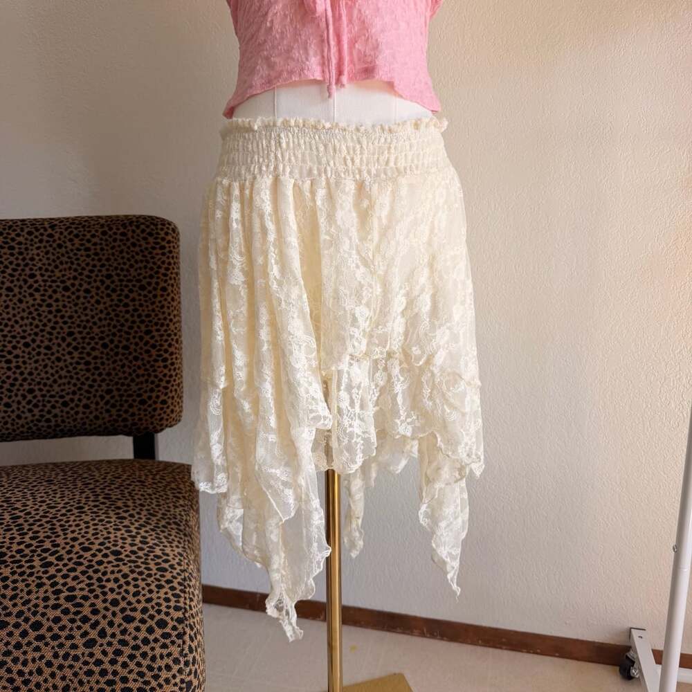 Unbranded Lace Mini Skirt Size L Cream Sheer Ruffle Tiered Y2K